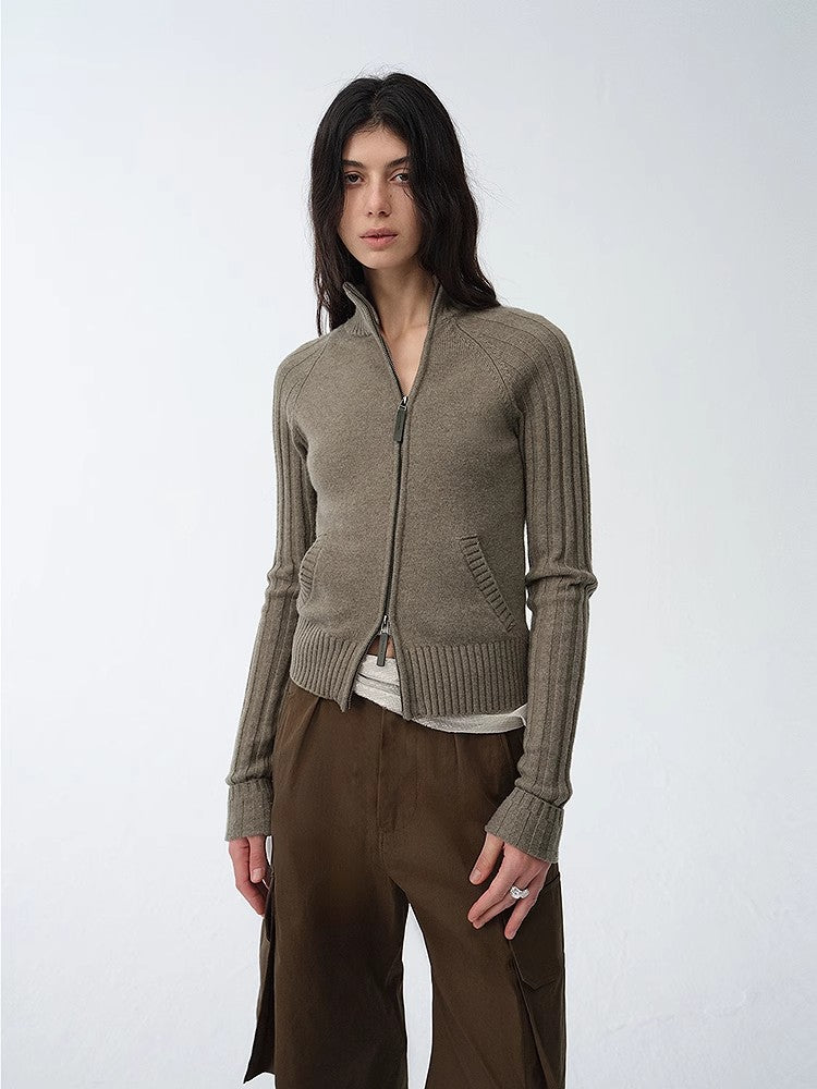"Senna Melody" oblique placket fine merino wool and cotton blend zipper knitted cardigan top for women-0