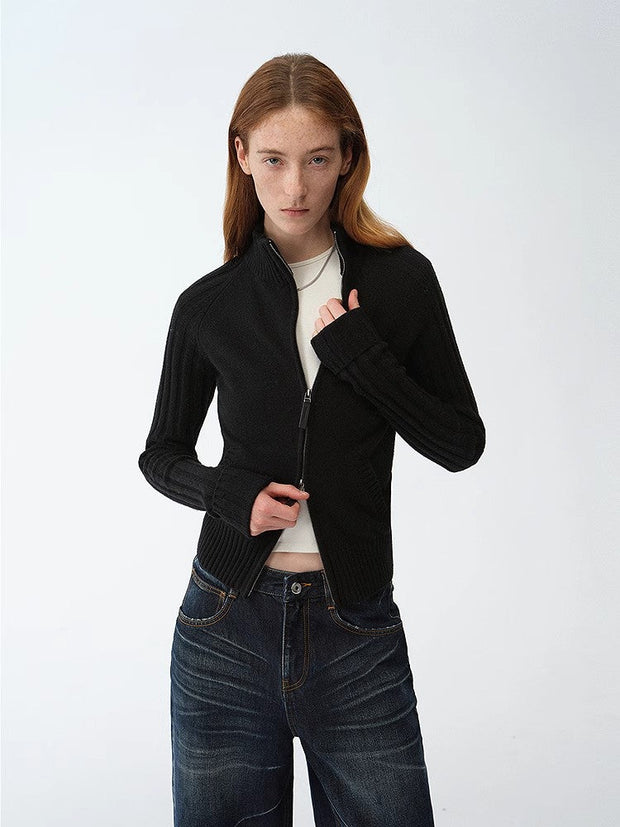 "Senna Melody" oblique placket fine merino wool and cotton blend zipper knitted cardigan top for women-1