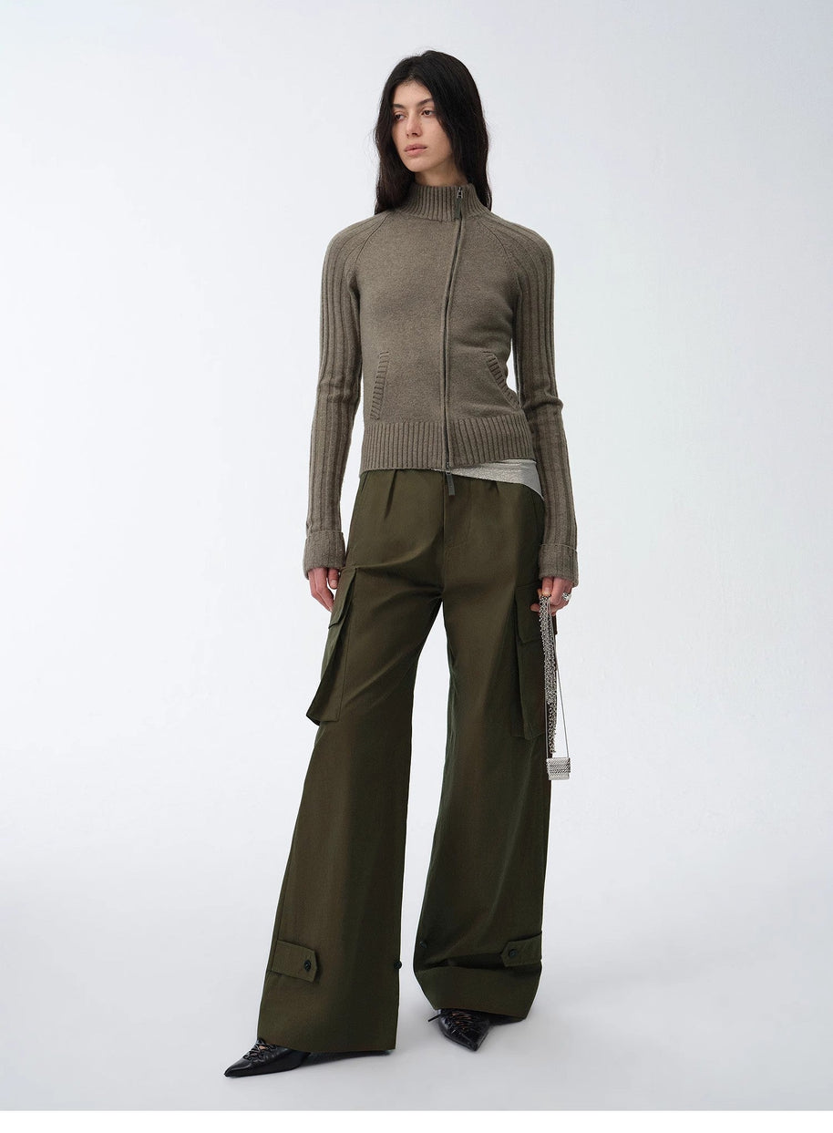 "Senna Melody" oblique placket fine merino wool and cotton blend zipper knitted cardigan top for women-4