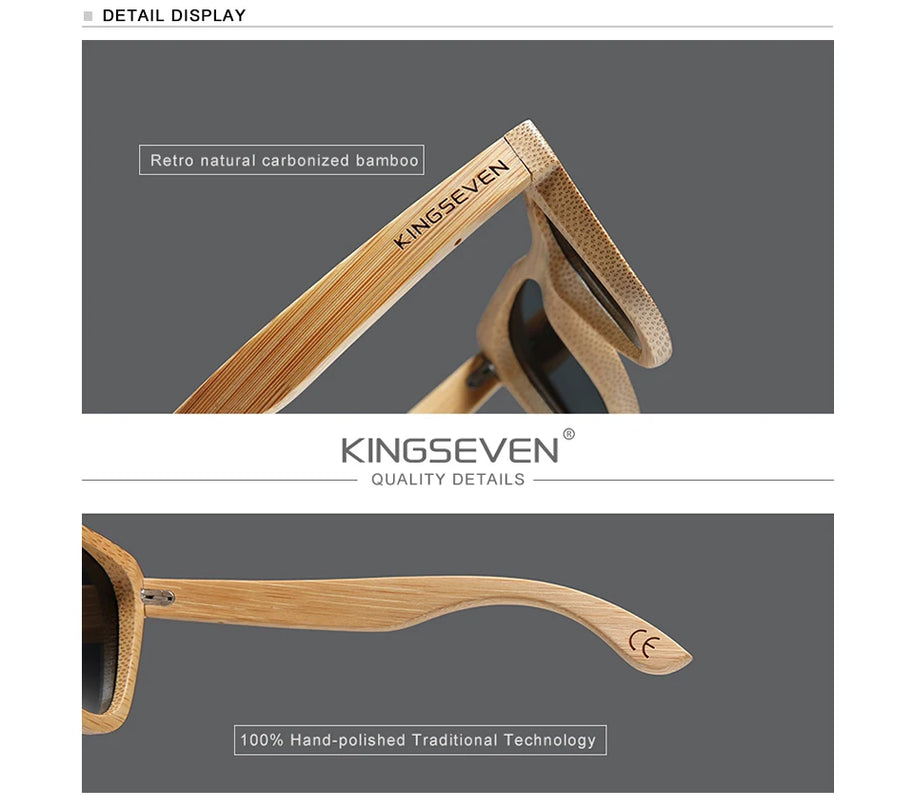 KINGSEVEN Polarized Natural Wooden Sunglasses For Men Women Full Bamboo Frame Retro Handmade Eyewear Square UV400 Lens Glasses