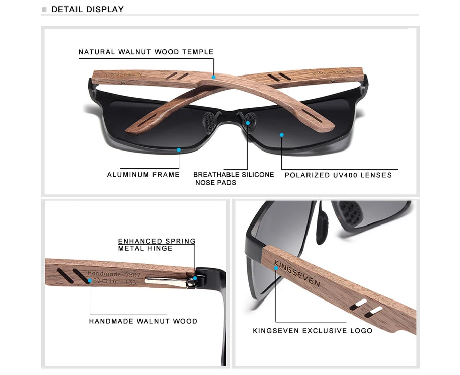 KINGSEVEN Brand Wooden Sunglasses High Quality Rectangle Frame Men Women's UV400 Polarized Lens Glasses Luxury Retro Eyewear