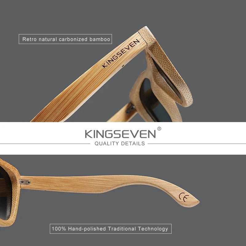 KINGSEVEN Polarized Natural Wooden Sunglasses For Men Women Full Bamboo Frame Retro Handmade Eyewear Square UV400 Lens Glasses