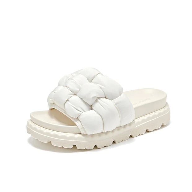 BEAUTODAY Outdoor Slippers Solid Color Round Toe Fabric Thick Heel Casual Comfort Summer Ladies Flat Shoes Handmade 38527