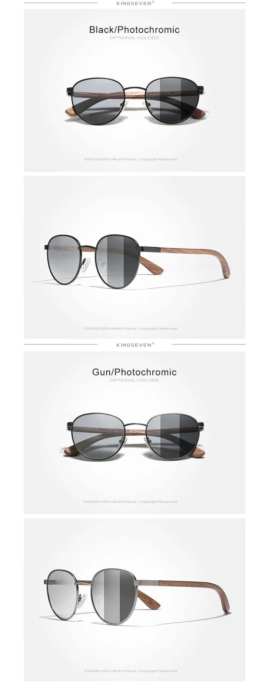 KINGSEVEN 2023 Black Walnut Wooden Sunglasses For Men Polarized UV400 Protection Round Lens Retro Eyewear Women Handmade Glasses
