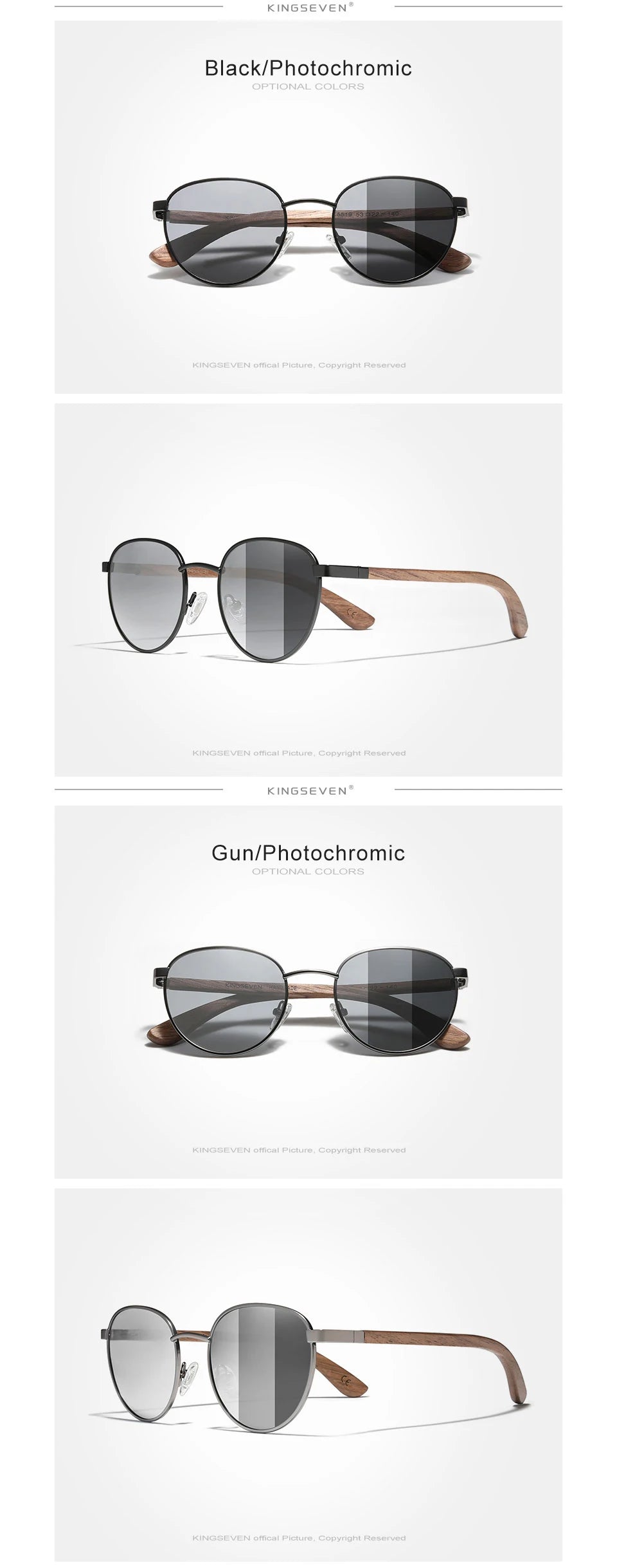KINGSEVEN 2023 Black Walnut Wooden Sunglasses For Men Polarized UV400 Protection Round Lens Retro Eyewear Women Handmade Glasses
