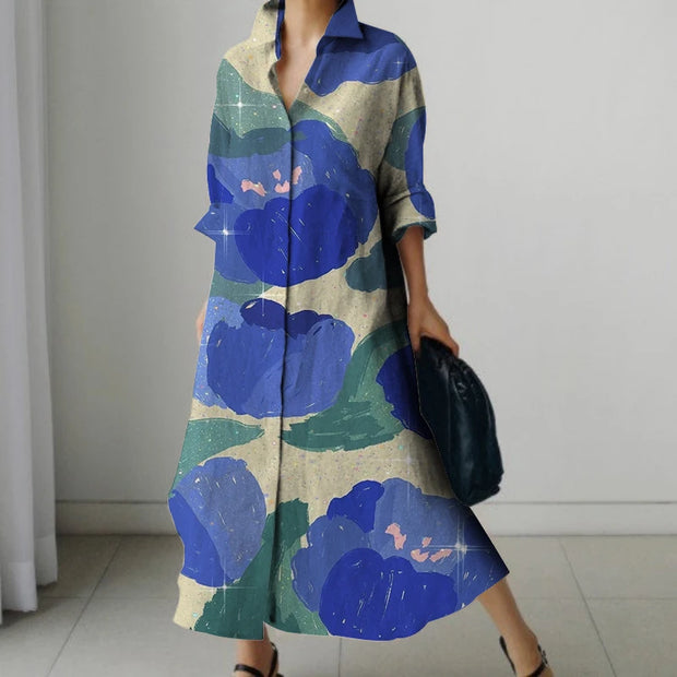 Casual Commuter Fashion Dazzling Color Printing Women's Big Size Dress New High Street Standing Collar Loose Shirt Dresses