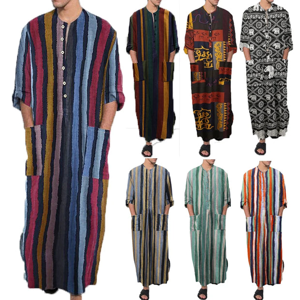 Men's Muslim Long Sleeve Cotton Striped Robes Islamic Arabian Kaftan Suit Middle East Dubai Abaya Retro Spring Clothing 2025 New