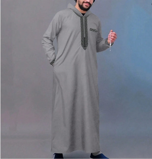 Loose Muslim men's Thobe, short-sleeved embroidered hooded zipper robe, Islamic national style, casual Thobe for men