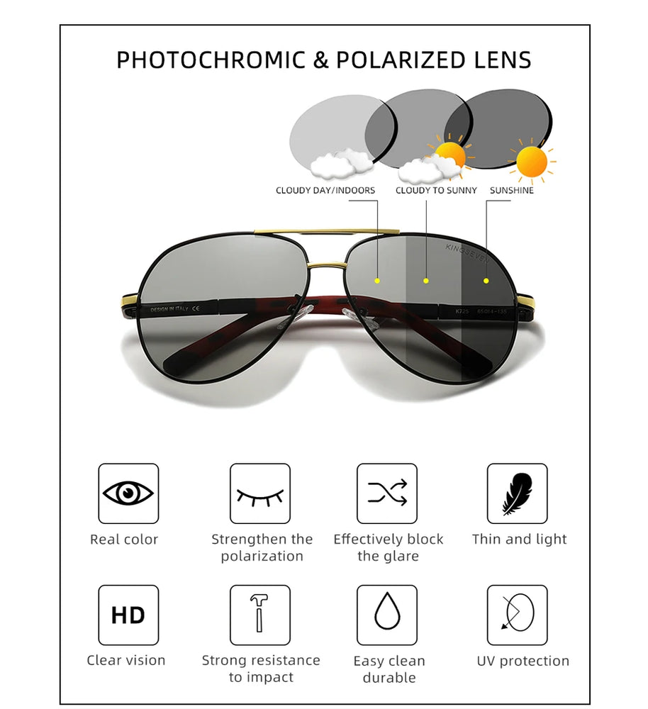 KINGSEVEN Brand Photochromic Sunglasses For Men Women Polarized UV400 Sun Glasses Chameleon Lenses Aluminum Driving Eyewear
