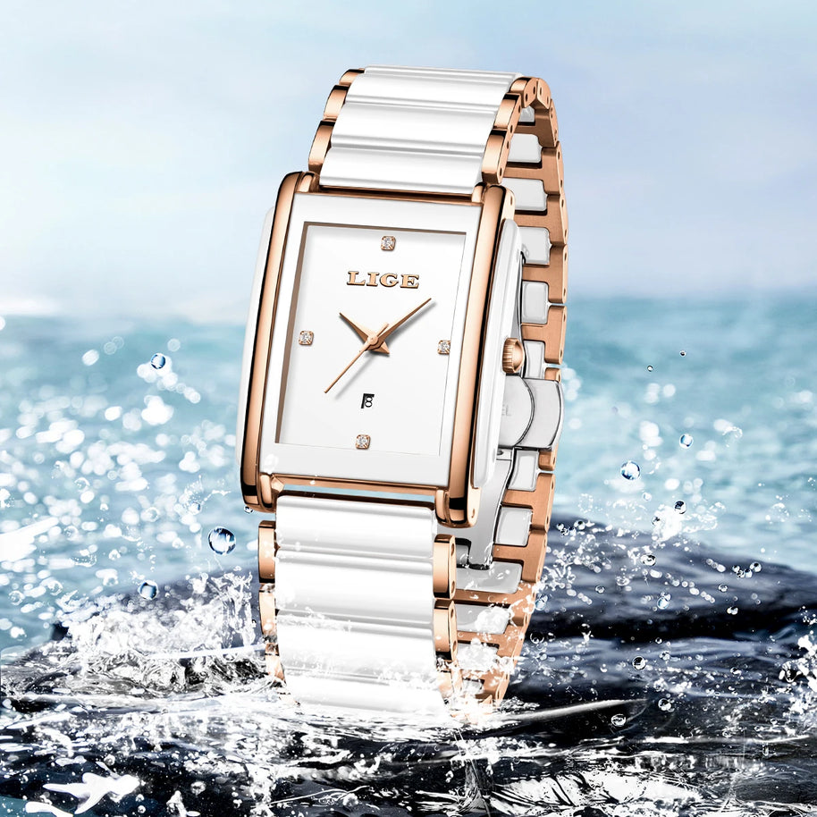 LIGE Fashion Square Quartz Woman Watches Ceramics Elegant Simple Diamond Auto Date Romantic Birthday Gift Leisure Wristwatch New