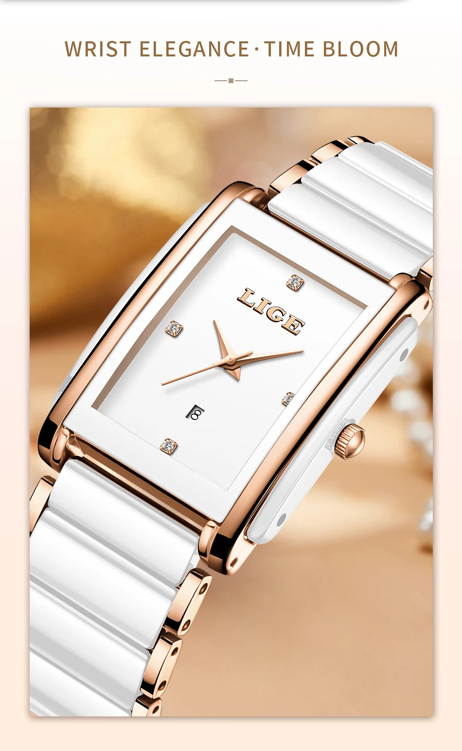 LIGE Fashion Square Quartz Woman Watches Ceramics Elegant Simple Diamond Auto Date Romantic Birthday Gift Leisure Wristwatch New