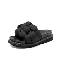 BEAUTODAY Outdoor Slippers Solid Color Round Toe Fabric Thick Heel Casual Comfort Summer Ladies Flat Shoes Handmade 38527