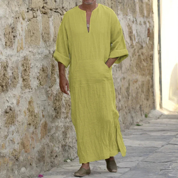 YUFEIDA Men Long Linen Jubba Thobe Kaftan Muslim Arab Islamic V-neck Long Sleeve Solid Cotton Linen Robe Muslim Arabia Man Abaya