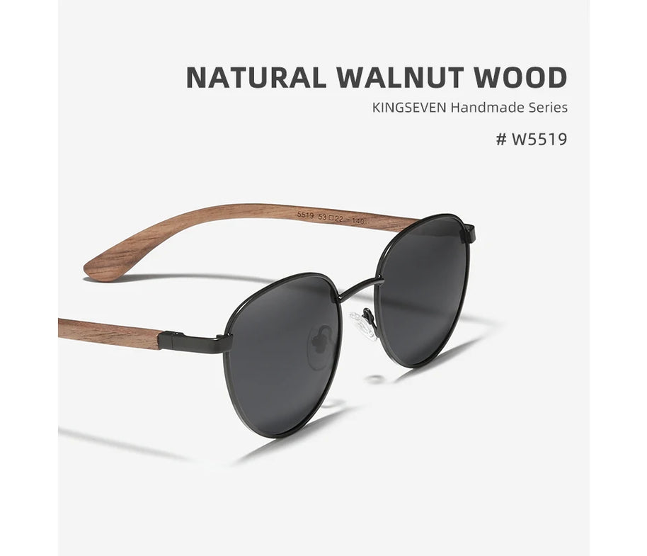 KINGSEVEN 2023 Black Walnut Wooden Sunglasses For Men Polarized UV400 Protection Round Lens Retro Eyewear Women Handmade Glasses