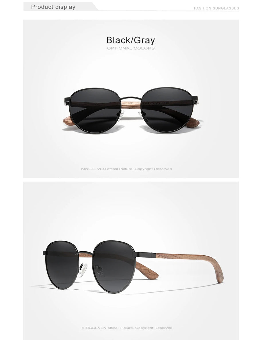 KINGSEVEN 2023 Black Walnut Wooden Sunglasses For Men Polarized UV400 Protection Round Lens Retro Eyewear Women Handmade Glasses