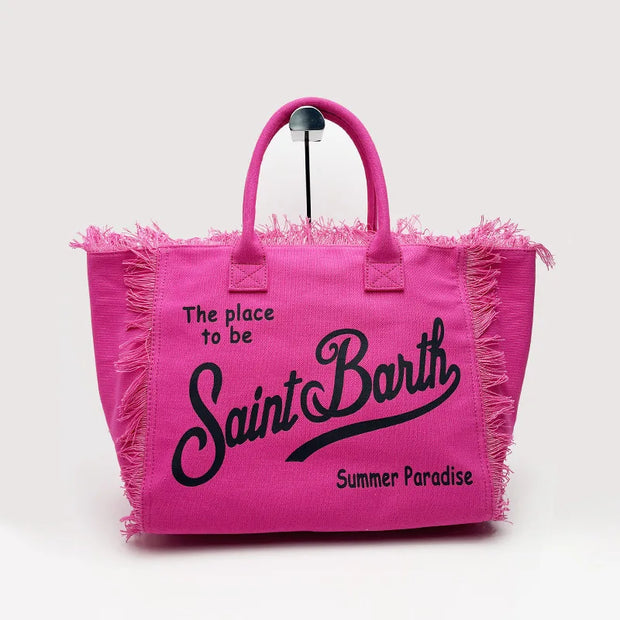 Saint Barth New Women's Large Capacity Casual Beach Canvas Striped Tassel Handheld Tote Bag