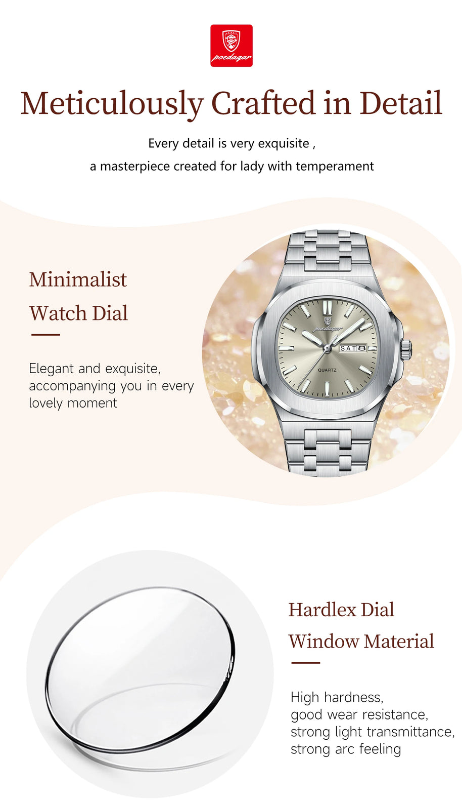 POEDAGAR Top Original Watch For Woman Luminous Date Week Square Ladies Watch Stainless Steel Quartz Women's Watches Female Reloj