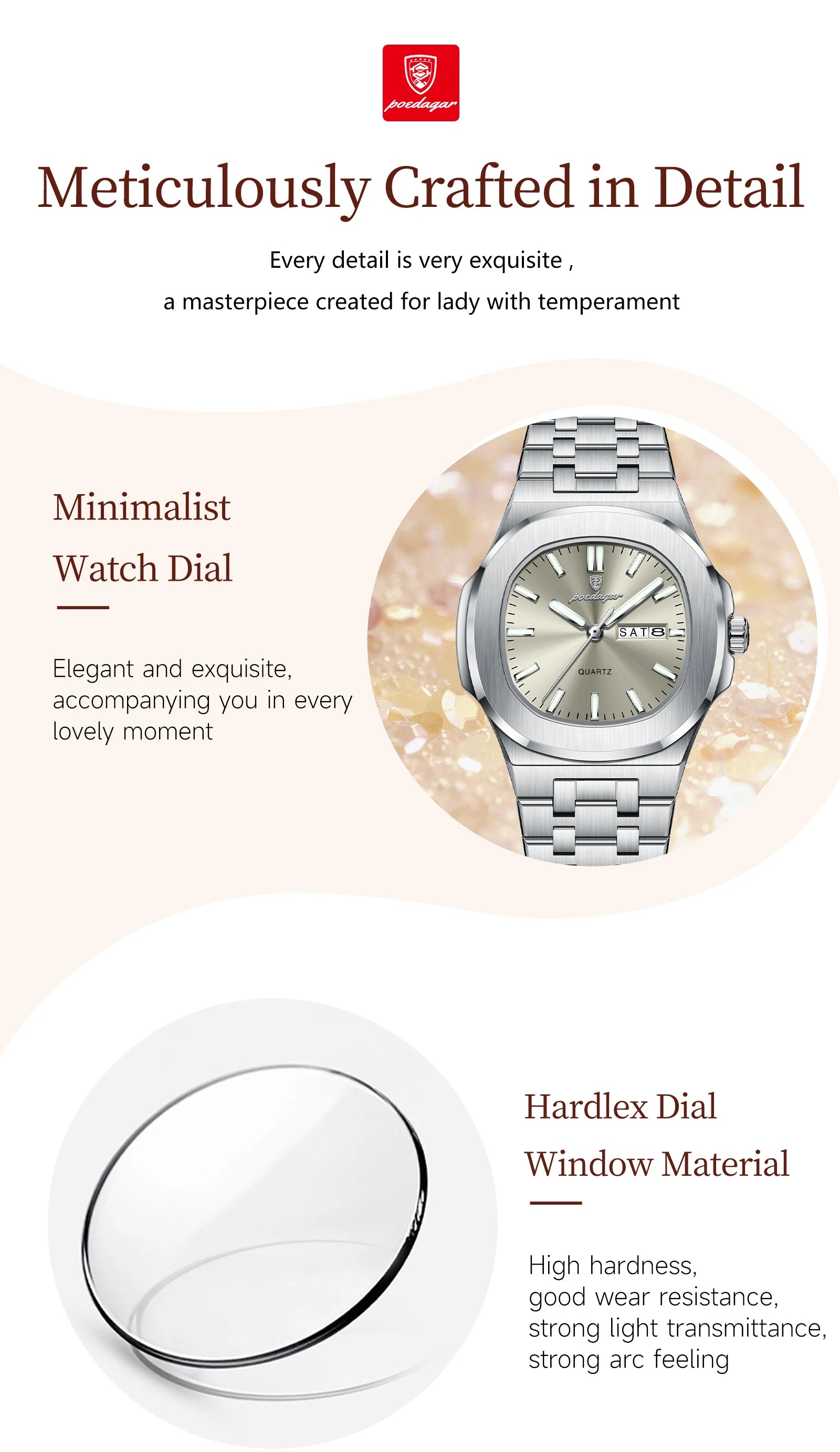 POEDAGAR Top Original Watch For Woman Luminous Date Week Square Ladies Watch Stainless Steel Quartz Women's Watches Female Reloj