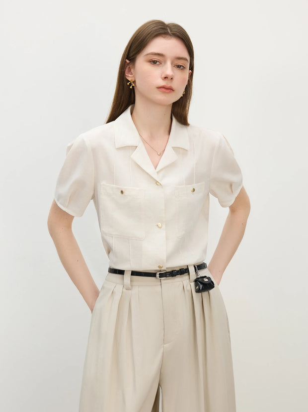 FSLE Minimalism Style Linen Short-sleeved Shirt For Women Summer 2025 New Arrival Simple Retro Suit Collar Shirt 25FS12511
