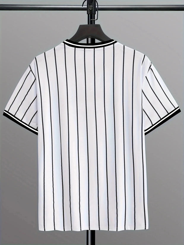 2024 Summer New Men's Vertical Stripe Baseball Basketball Sports Fitness Leisure Round Neck Cotton Short Sleeved T-shirt