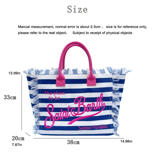Saint Barth 2025 New Women's Large Capacity Handbag Fashion Horizontal Striped Deep Blue Tassel Beach Tote Bag