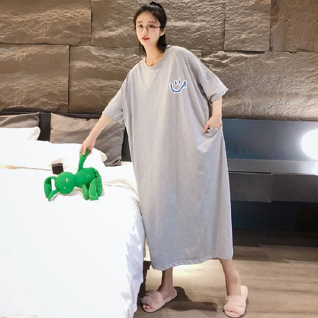 Oversized Smiling Face Printing T Shirt Dress Short Sleeve Loose Pockets Straight Ladies Dresses Ankle-length O-neck Vestidos