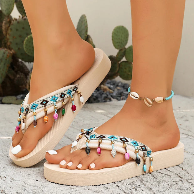 Fashion Colorful Tassel Flip Flops for Women 2025 Summer Lightweight Flat Slippers Woman Comfort Non Slip Beach Slides Sandals