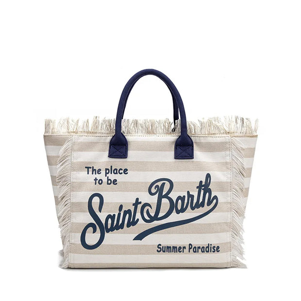Saint Barth European and American New Women's Large Capacity Leisure Beach Cotton and Hemp Diamond Tassel Handheld Tote Bag