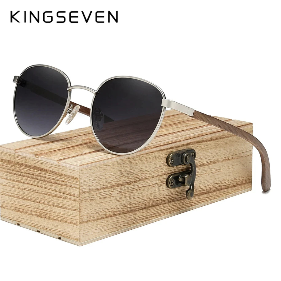 KINGSEVEN 2023 Black Walnut Wooden Sunglasses For Men Polarized UV400 Protection Round Lens Retro Eyewear Women Handmade Glasses