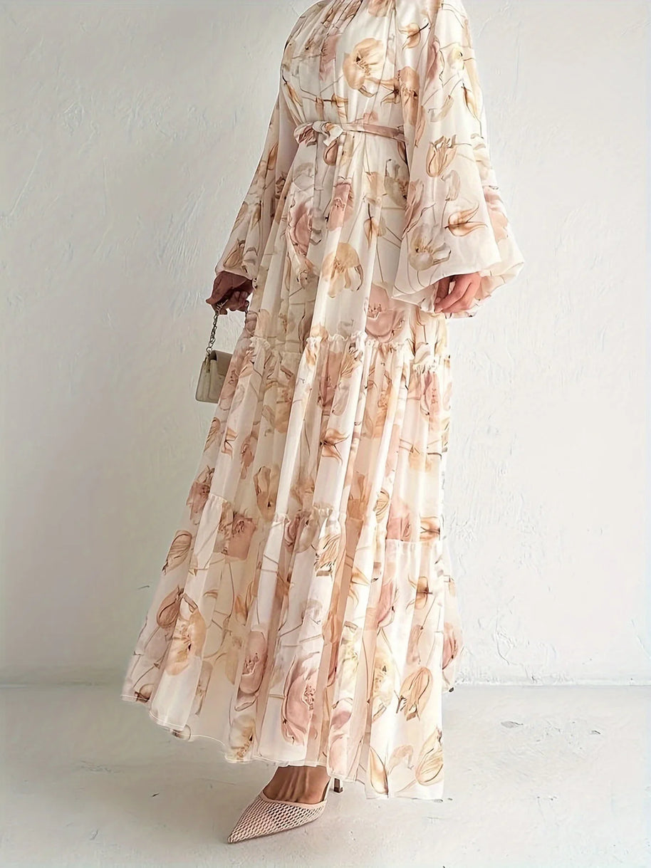 Muslim Women Dresses Flower Print Abaya Sashes Eid Ramadan Morocco Vestidos Dubai Jalabiya Kaftan Islam Arab Long Robe Abayas