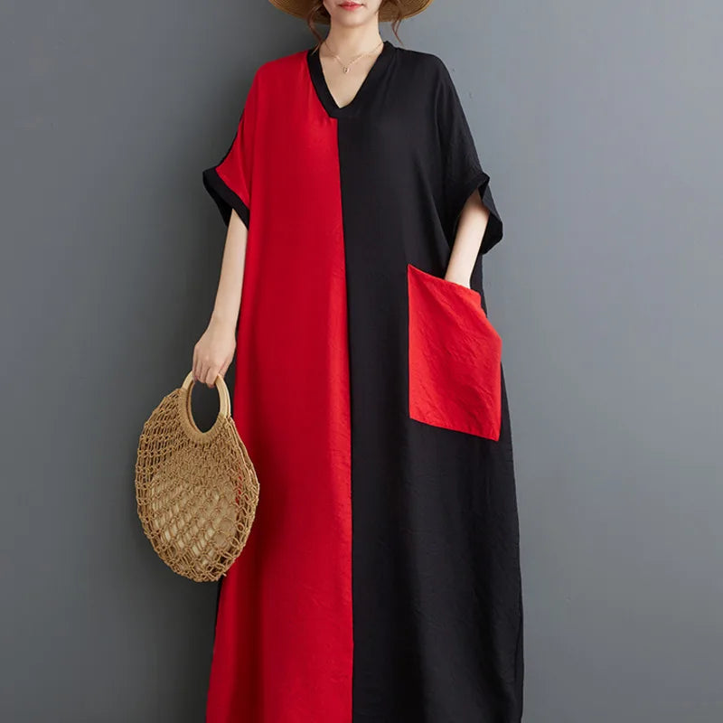 #3935 Black And Red Long Dress V-neck Split Joint Vintage Cotton Linen Dress Batwing Sleeve Thin Pockets A-line Ladies Dresses