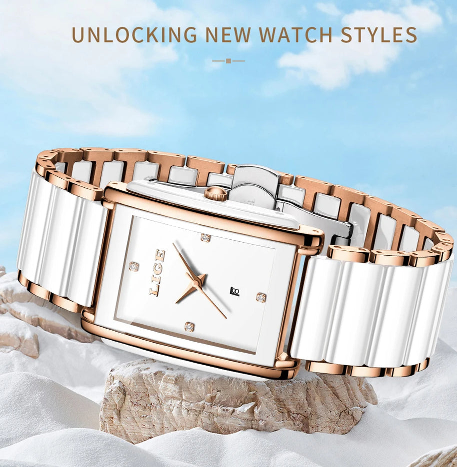 LIGE Fashion Square Quartz Woman Watches Ceramics Elegant Simple Diamond Auto Date Romantic Birthday Gift Leisure Wristwatch New