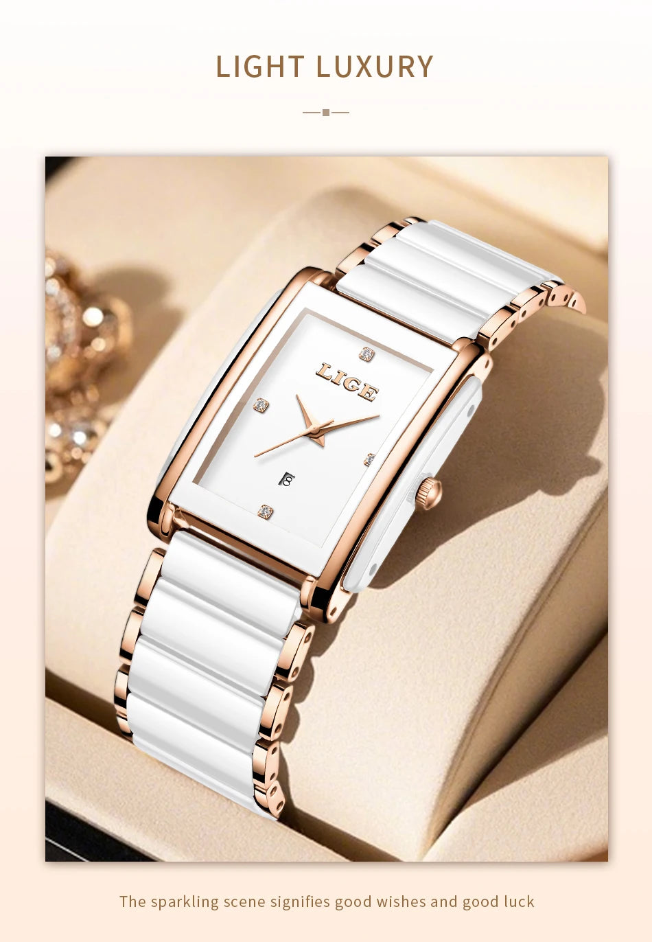 LIGE Fashion Square Quartz Woman Watches Ceramics Elegant Simple Diamond Auto Date Romantic Birthday Gift Leisure Wristwatch New
