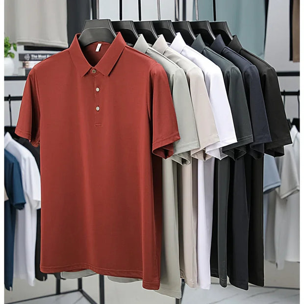 BROWON Brand 2025 Summer Man Polo Shirt Office Short Sleeve Solid Color Ice Silk Soft Work Plain Tops Mens Polo T Shirt 4XL