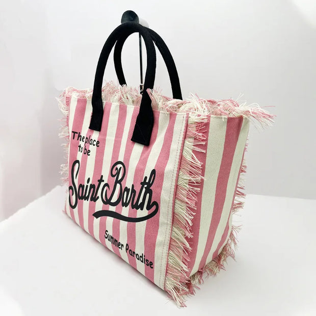Saint Barth New Women's Large Capacity Casual Beach Canvas Striped Tassel Handheld Tote Bag
