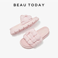 BEAUTODAY Outdoor Slippers Solid Color Round Toe Fabric Thick Heel Casual Comfort Summer Ladies Flat Shoes Handmade 38527
