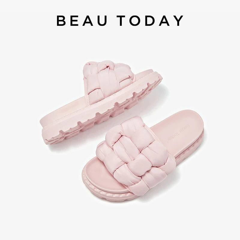 BEAUTODAY Outdoor Slippers Solid Color Round Toe Fabric Thick Heel Casual Comfort Summer Ladies Flat Shoes Handmade 38527