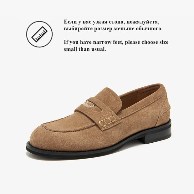 BEAUTODAY Penny Loafers Women Cow Suede Leather Flats Vintage Metal Cion Decor Sewing Female Casual Shoes 26189