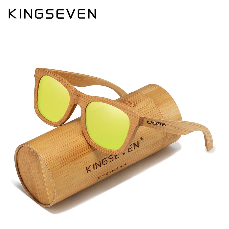 KINGSEVEN Polarized Natural Wooden Sunglasses For Men Women Full Bamboo Frame Retro Handmade Eyewear Square UV400 Lens Glasses