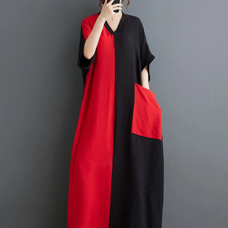 #3935 Black And Red Long Dress V-neck Split Joint Vintage Cotton Linen Dress Batwing Sleeve Thin Pockets A-line Ladies Dresses