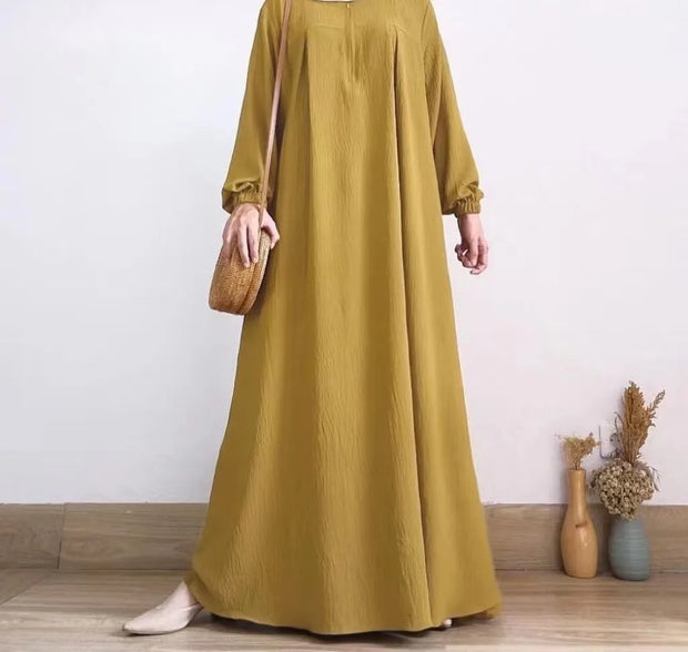 Zip-up O-neck Abayas for Women Solid Stretch Cuff Women Dress Simple Muslim A-line Dresses Femme Turkey Dubai Vestido Kaftan