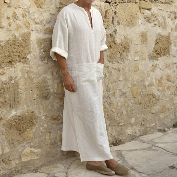 YUFEIDA Men Long Linen Jubba Thobe Kaftan Muslim Arab Islamic V-neck Long Sleeve Solid Cotton Linen Robe Muslim Arabia Man Abaya