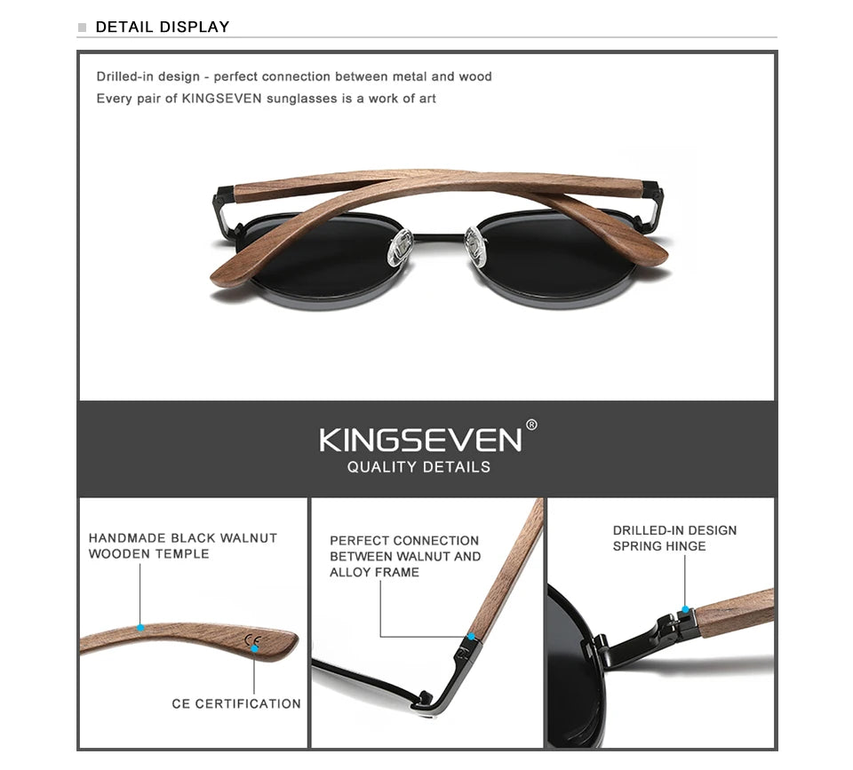 KINGSEVEN 2023 Black Walnut Wooden Sunglasses For Men Polarized UV400 Protection Round Lens Retro Eyewear Women Handmade Glasses