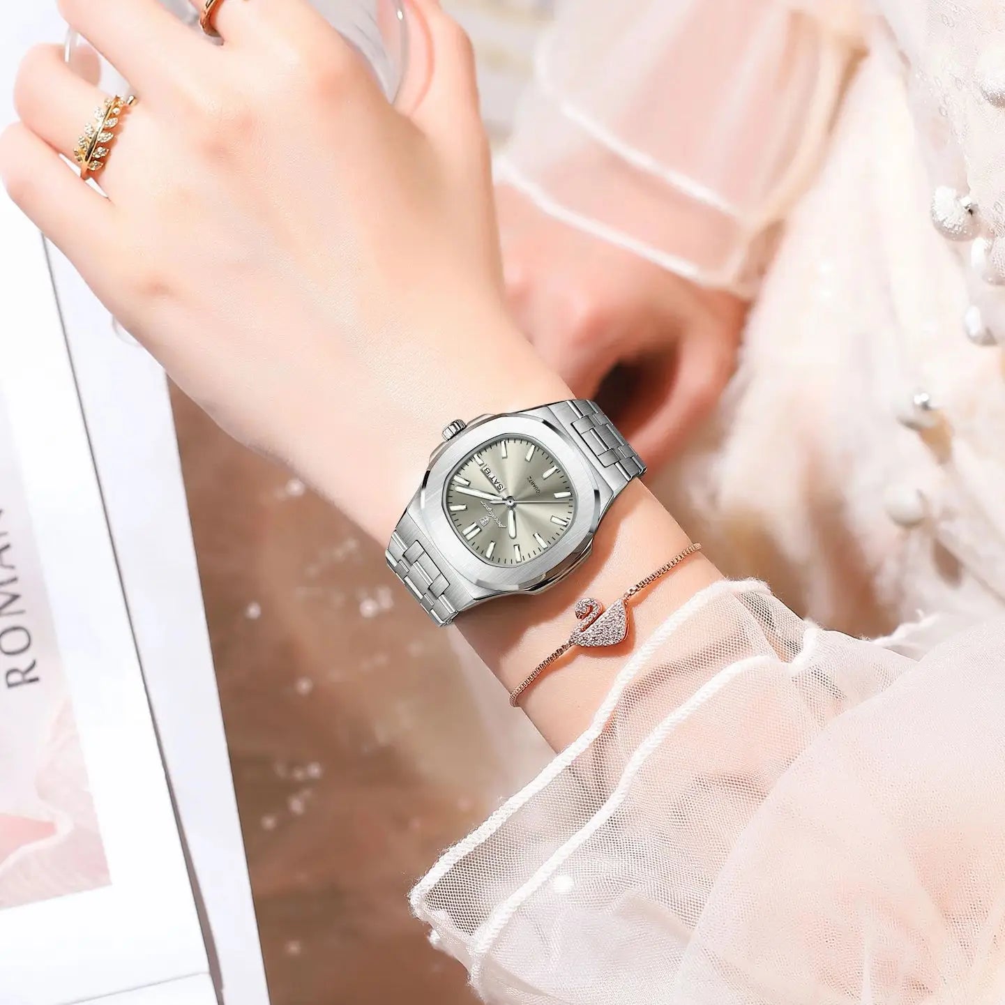 POEDAGAR Top Original Watch For Woman Luminous Date Week Square Ladies Watch Stainless Steel Quartz Women's Watches Female Reloj