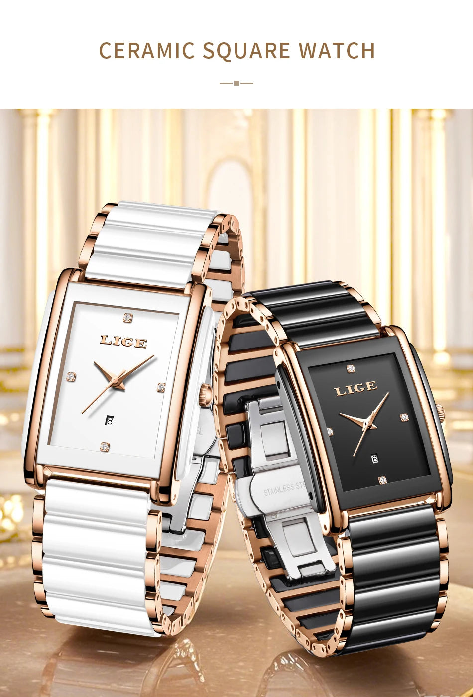 LIGE Fashion Square Quartz Woman Watches Ceramics Elegant Simple Diamond Auto Date Romantic Birthday Gift Leisure Wristwatch New
