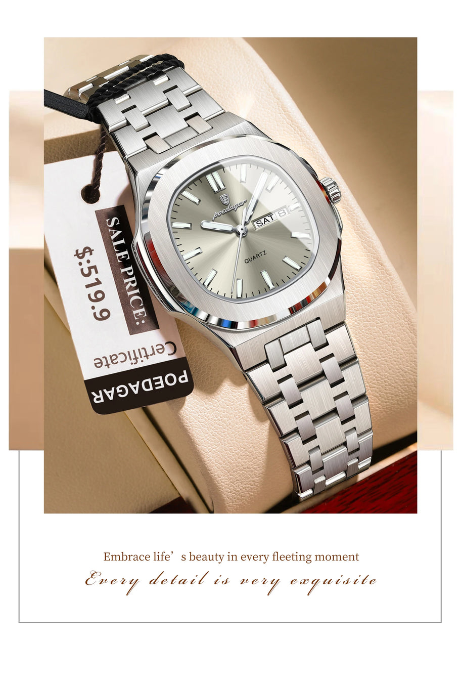 POEDAGAR Top Original Watch For Woman Luminous Date Week Square Ladies Watch Stainless Steel Quartz Women's Watches Female Reloj
