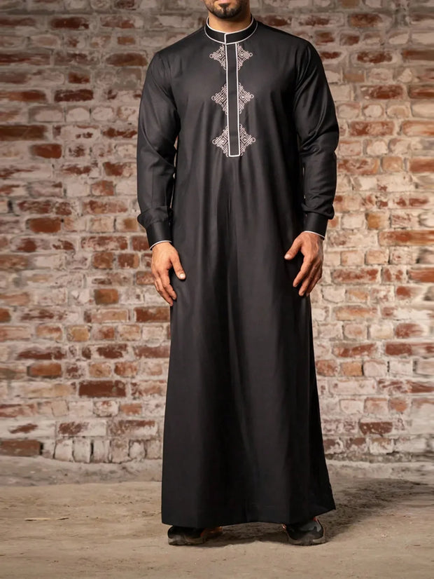 Muslim men's robe long-sleeved ethnic style embroidered stand collar Arabic clothing men's Islamic casual robe