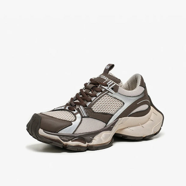 BEAUTODAY Chunky Sneakers Women Split Leather Mesh Round Toe Lace-up Thick Sole Basket Female Casual Shoes Handmade 29A40