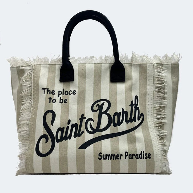 Saint Barth European and American New Women's Large Capacity Casual Beach Canvas Striped Tassel Handheld Tote Bag