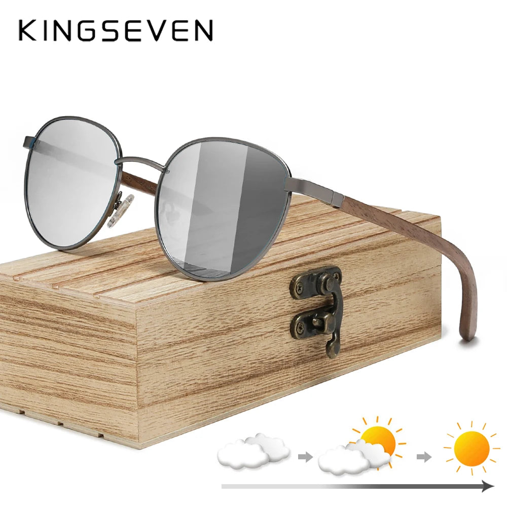 KINGSEVEN 2023 Black Walnut Wooden Sunglasses For Men Polarized UV400 Protection Round Lens Retro Eyewear Women Handmade Glasses